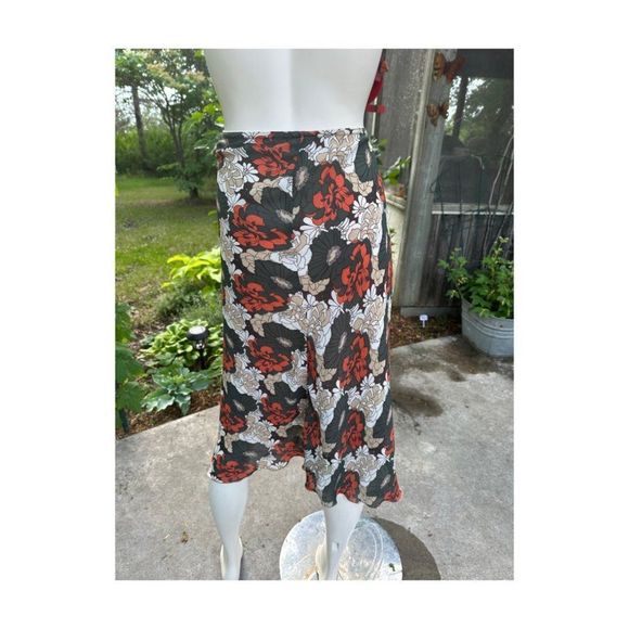 Vtg | 90s Chiffon Floral A-Line Skirt Fairycore Green Tan Orange Elastic Waist S - Picture 3 of 7